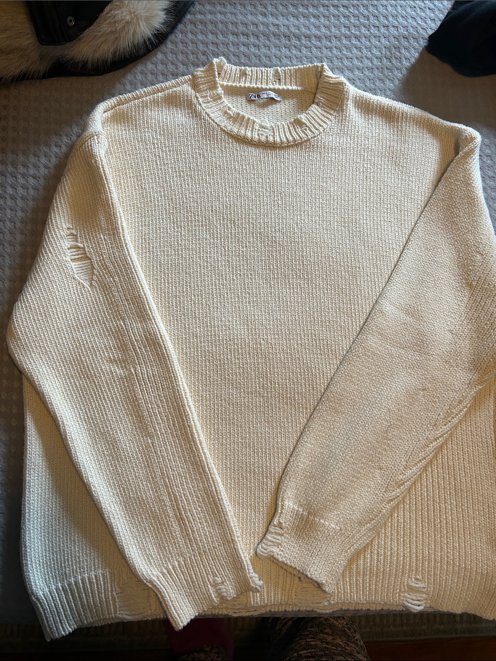 Cream Crewneck Knit Sweater with Distressing